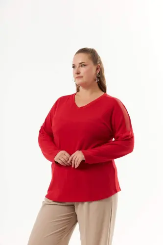Plus Size Shoulder and Back Stone Detail Knitted Blouse Red - BÜYÜKBEDENIZ (1)