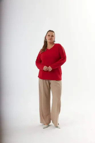 Plus Size Shoulder and Back Stone Detail Knitted Blouse Red - 10