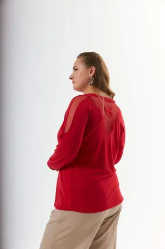 Plus Size Shoulder and Back Stone Detail Knitted Blouse Red - 4