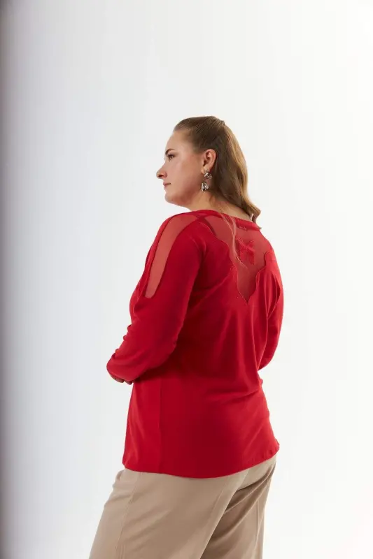Plus Size Shoulder and Back Stone Detail Knitted Blouse Red - 4