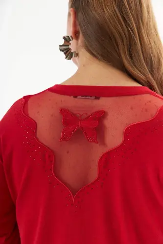 Plus Size Shoulder and Back Stone Detail Knitted Blouse Red - 5