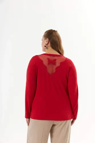 Plus Size Shoulder and Back Stone Detail Knitted Blouse Red - 7