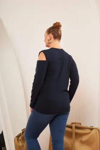 Plus Size Shoulder Detail Knitted Blouse Navy Blue - 8