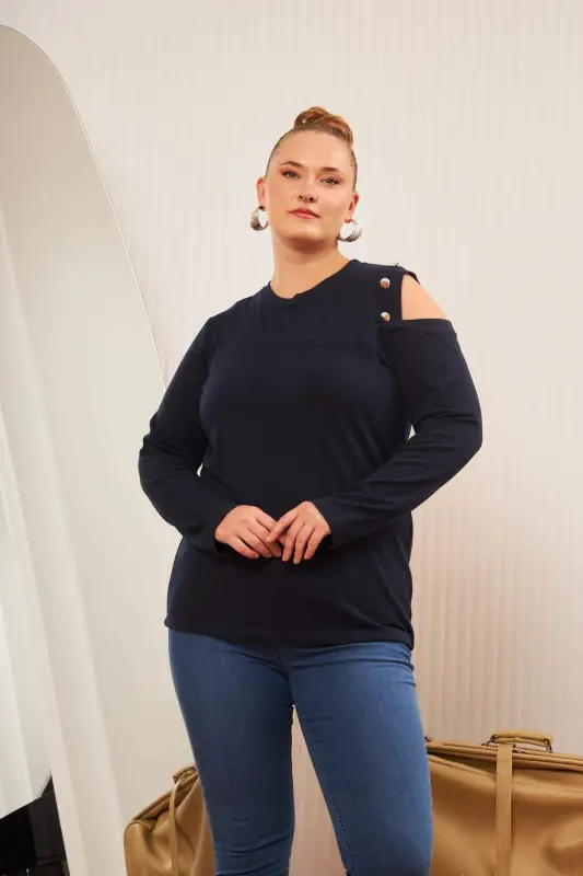 Plus Size Shoulder Detail Knitted Blouse Navy Blue - 1