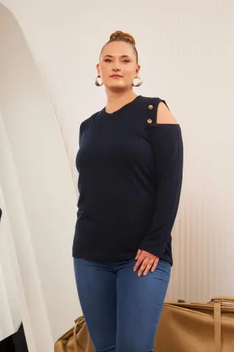 Plus Size Shoulder Detail Knitted Blouse Navy Blue - BÜYÜKBEDENIZ (1)