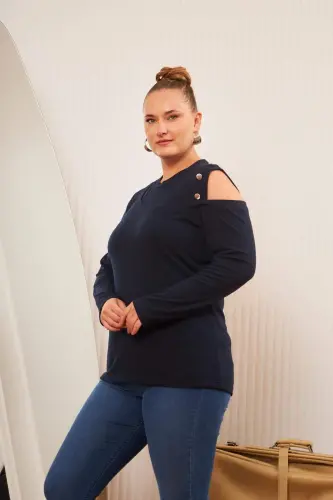 Plus Size Shoulder Detail Knitted Blouse Navy Blue - 3