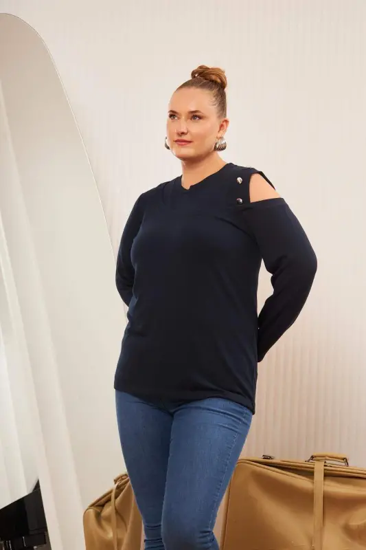 Plus Size Shoulder Detail Knitted Blouse Navy Blue - 4