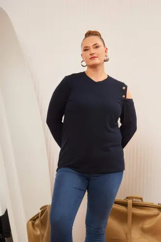 Plus Size Shoulder Detail Knitted Blouse Navy Blue - 5