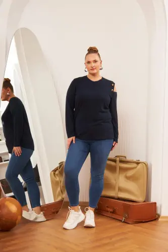 Plus Size Shoulder Detail Knitted Blouse Navy Blue - 6