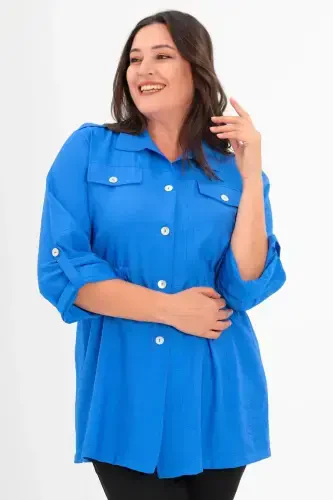 Plus Size Shoulder Epaulettes Pocket Flap Saks Trench Coat - 3