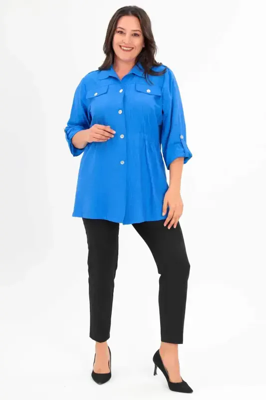 Plus Size Shoulder Epaulettes Pocket Flap Saks Trench Coat - 4