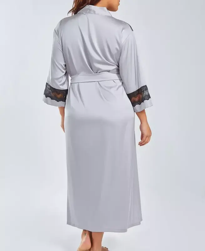 Plus Size Silky Stretch Satin Long Robe with Lace Trims - 2