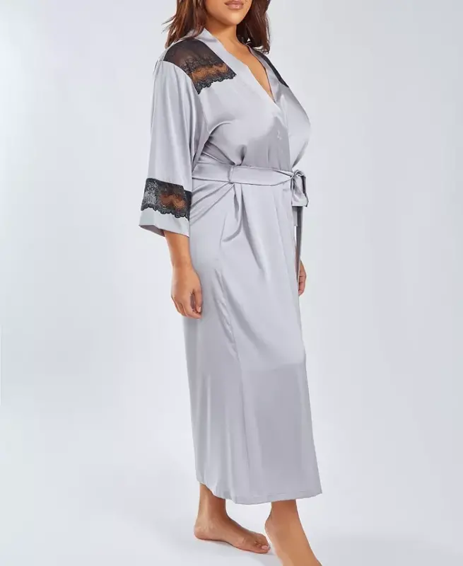 Plus Size Silky Stretch Satin Long Robe with Lace Trims - 3