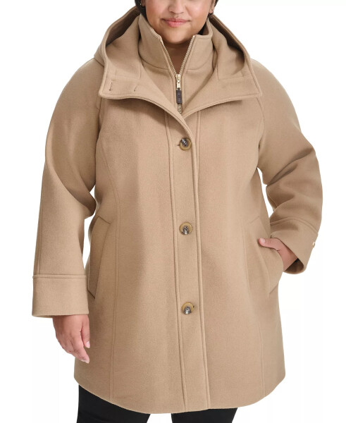 Plus Size Single-Breasted Hooded Button-Front Coat, Created for Modazone Camel - 1