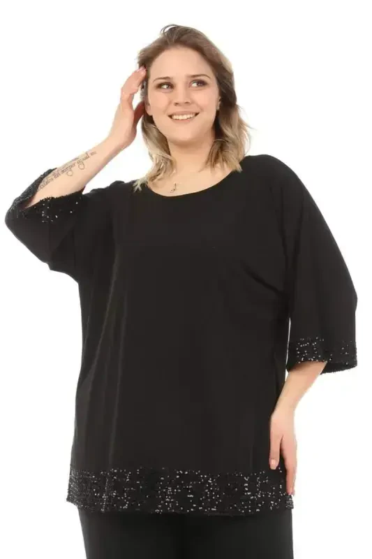 Plus Size Sleeve and Hem Sequined Long Chic and Evening Tunic ND4021 - 1