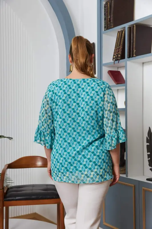 Plus Size Sleeve Detailed Lined Chiffon Blouse Blue - 6