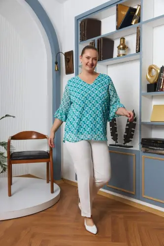 Plus Size Sleeve Detailed Lined Chiffon Blouse Blue - 7