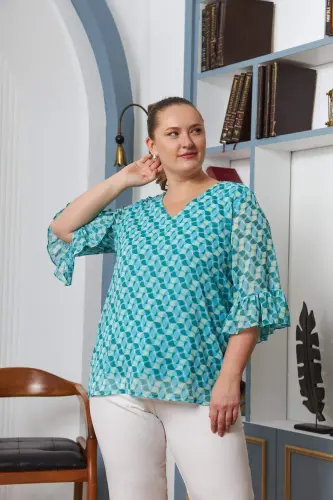 Plus Size Sleeve Detailed Lined Chiffon Blouse Blue - BÜYÜKBEDENIZ (1)