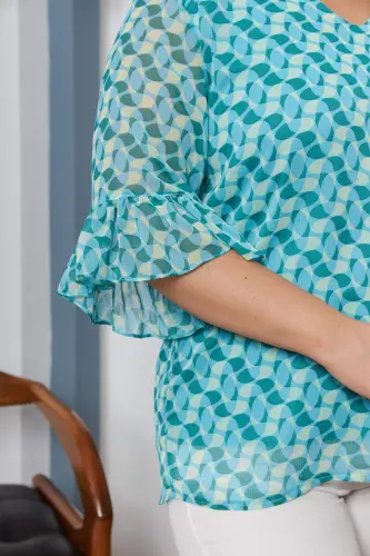 Plus Size Sleeve Detailed Lined Chiffon Blouse Blue - 3