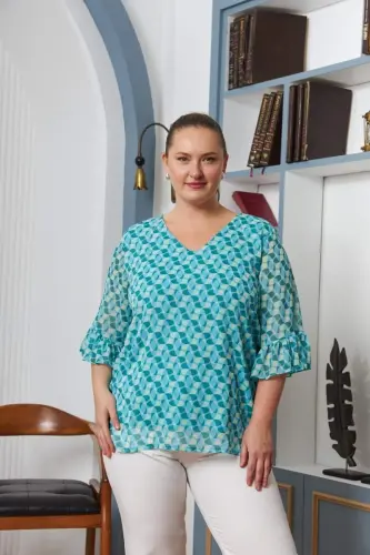 Plus Size Sleeve Detailed Lined Chiffon Blouse Blue - 1