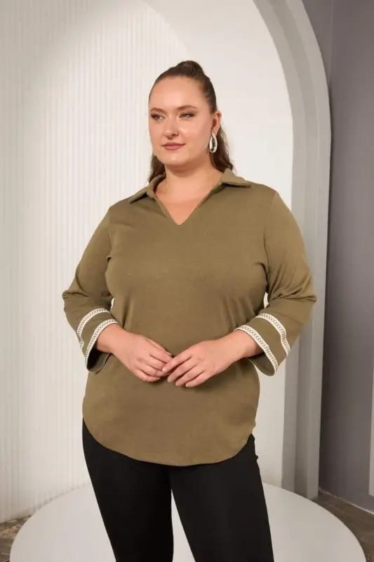 Plus Size Sleeve Embroidery Detail Knitted Blouse Khaki - 1
