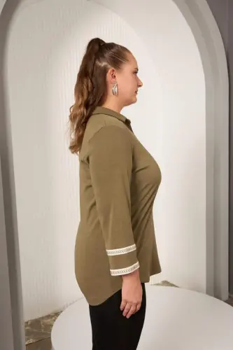 Plus Size Sleeve Embroidery Detail Knitted Blouse Khaki - 3