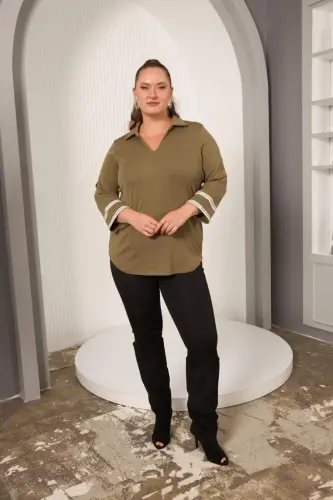 Plus Size Sleeve Embroidery Detail Knitted Blouse Khaki - 5