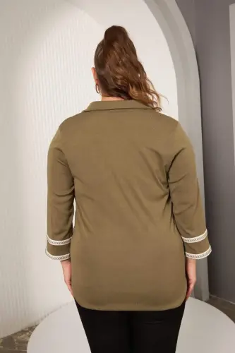 Plus Size Sleeve Embroidery Detail Knitted Blouse Khaki - 6