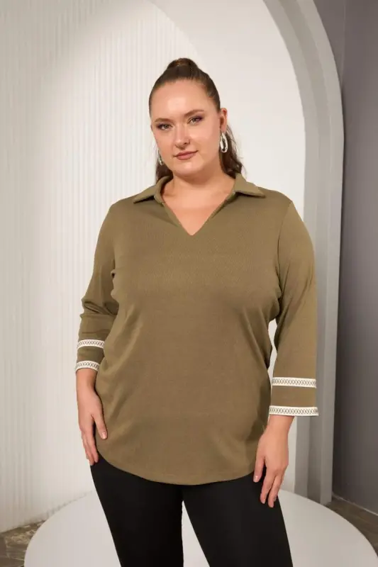 Plus Size Sleeve Embroidery Detail Knitted Blouse Khaki - 2