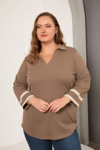 Plus Size Sleeve Embroidery Detail Knitted Blouse Visone - 1