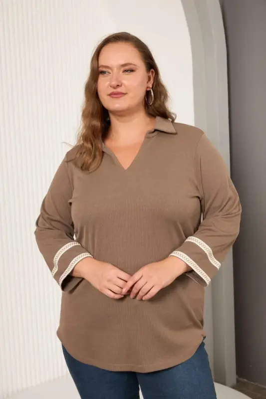 Plus Size Sleeve Embroidery Detail Knitted Blouse Visone - 1