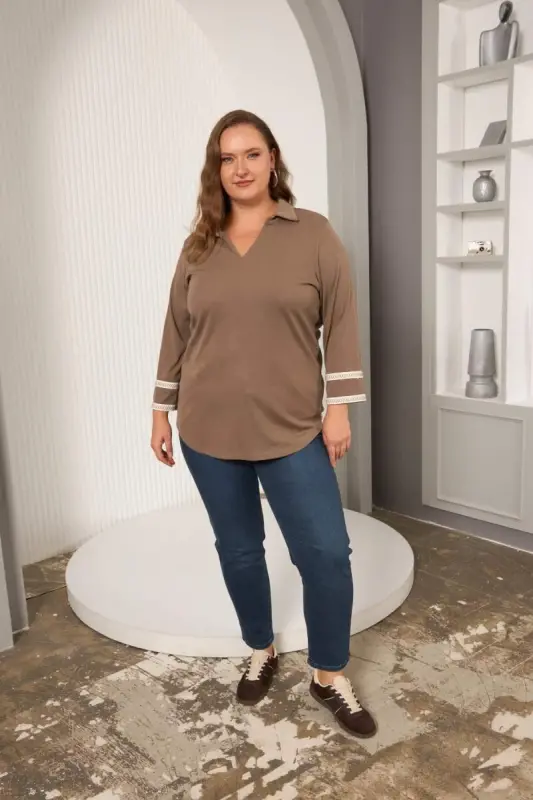Plus Size Sleeve Embroidery Detail Knitted Blouse Visone - 5