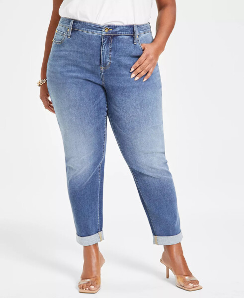 Plus Size Slim Tech Rolled-Cuff Boyfriend Jeans, Created for Modazone Medium Indigo - 4