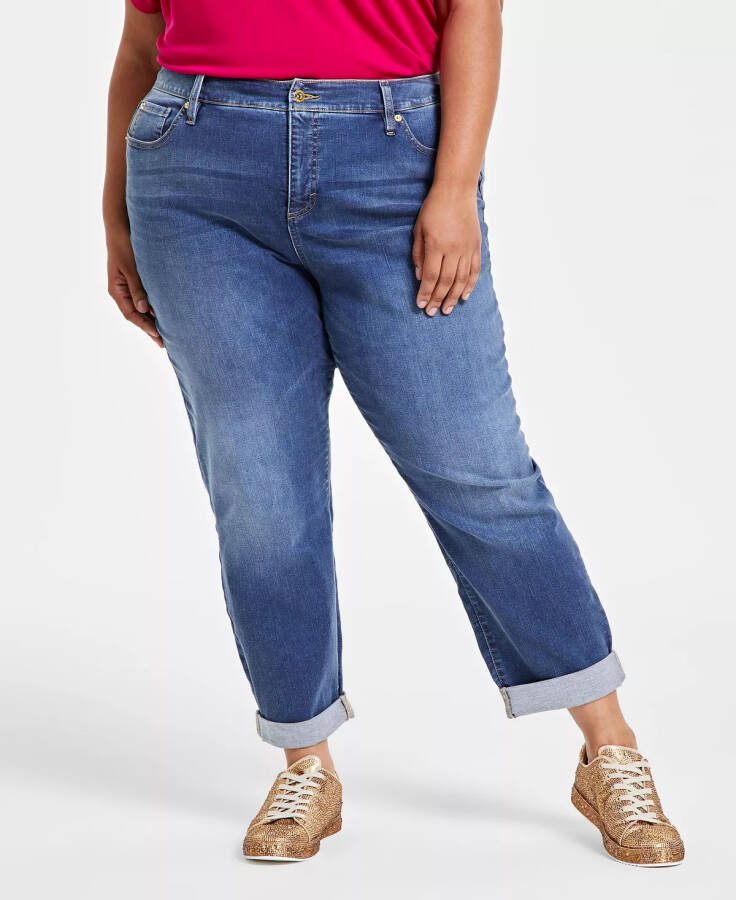 Plus Size Slim Tech Rolled-Cuff Boyfriend Jeans, Created for Modazone Medium Indigo - 8