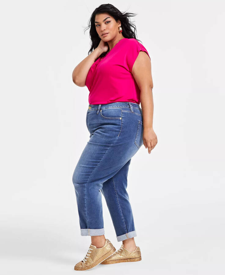 Plus Size Slim Tech Rolled-Cuff Boyfriend Jeans, Created for Modazone Medium Indigo - 10