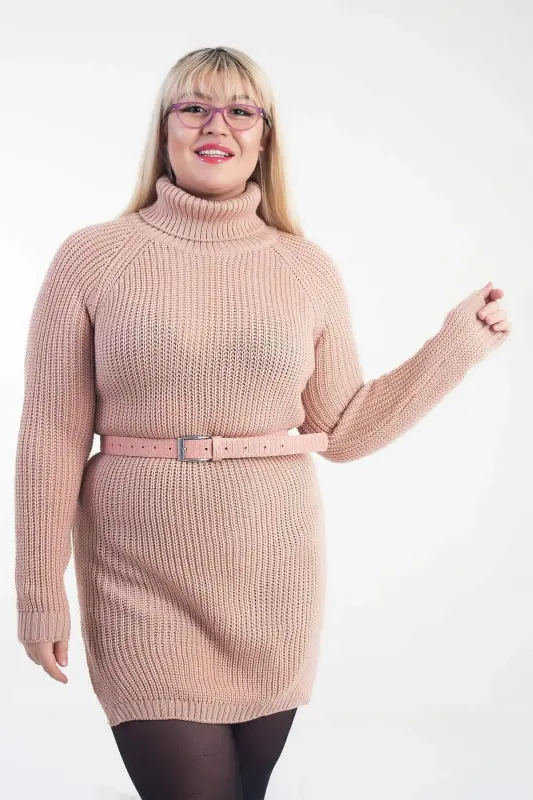 Plus Size Slit Detail Acrylic Turtleneck Oversized Knit Pullover RH4630 - BÜYÜKBEDENIZ