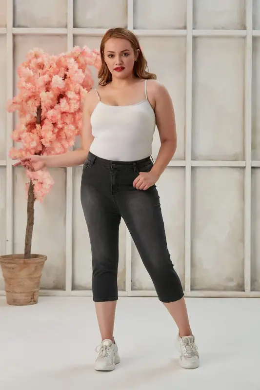 Plus Size Smokey Gray Denim Capri Pants - 5