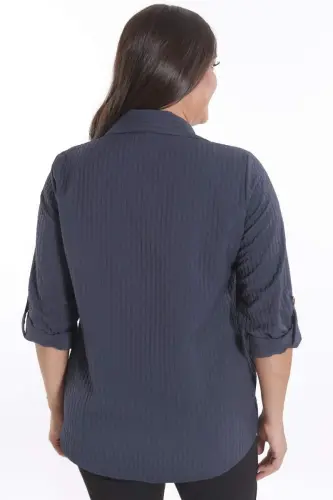 Plus Size Snap Button and Pocket Detailed Navy Blue Shirt - 5