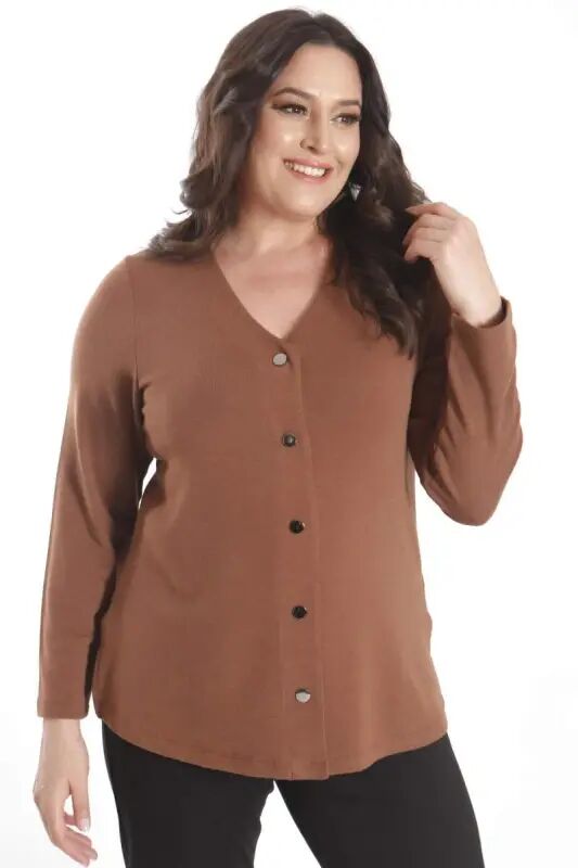 Plus Size Snap Button Brown Cardigan - 5
