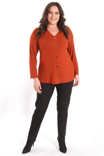 Büyük Beden Çıt Çıt Düğmeli Kiremit Hırka - BÜYÜKBEDENIZ (1)
