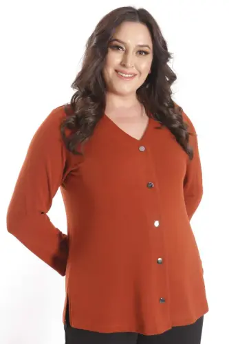 Plus Size Snap Button Cardigan Terracotta Cardigan - 3