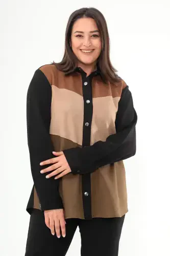 Plus Size Snap Button Front Suede Detail Black Shirt - 1