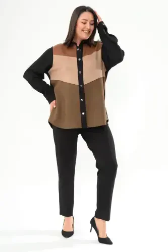 Plus Size Snap Button Front Suede Detail Black Shirt - BÜYÜKBEDENIZ (1)