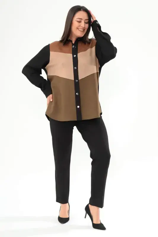 Plus Size Snap Button Front Suede Detail Black Shirt - 2