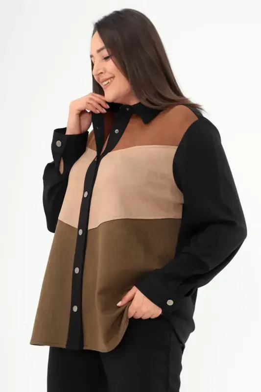Plus Size Snap Button Front Suede Detail Black Shirt - 3