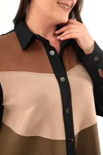 Plus Size Snap Button Front Suede Detail Black Shirt - 4