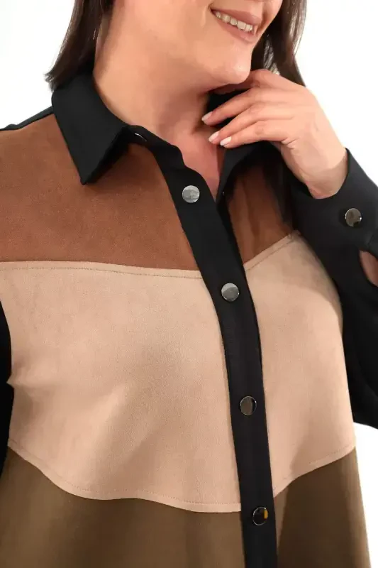 Plus Size Snap Button Front Suede Detail Black Shirt - 4