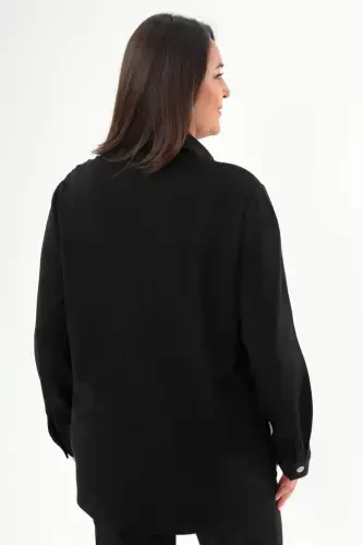 Plus Size Snap Button Front Suede Detail Black Shirt - 5