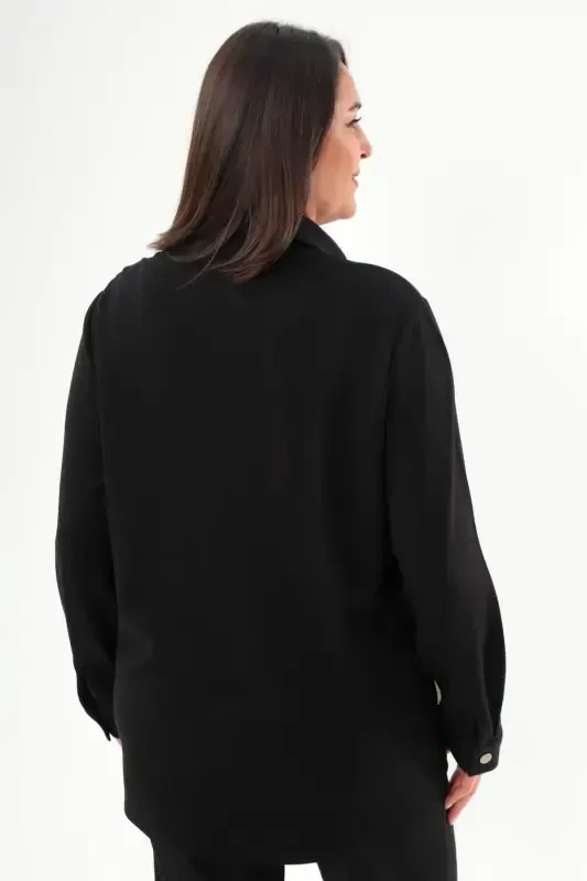 Plus Size Snap Button Front Suede Detail Black Shirt - 5