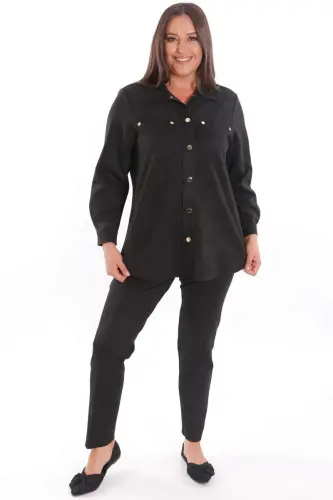 Plus Size Snap Buttoned Pocket and Shoulder Laser Cut Detailed Black Suede Shirt - 2